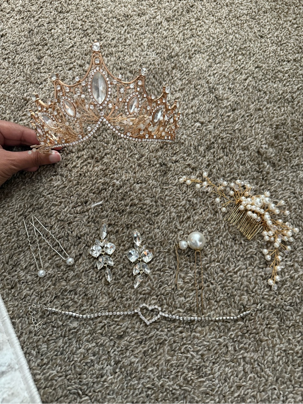 Gold Crystal Bridal Tiara with Pearl Hair Accessories